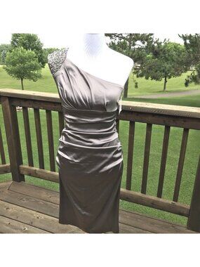 Suzi Chin Maggy One Shoulder Sheath Formal Dress Size 2 Taupe Ruched Embellished